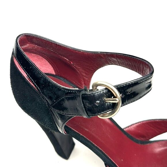MaxMara Black Heels Suede Patent Leather Peep Toe Mary Jane Italy 40 US 10 - Picture 9 of 16